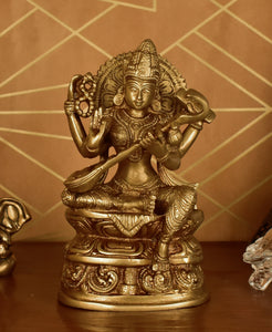 White Whale Maa Saraswati Brass Statue Religious Goddess Sculpture Idol