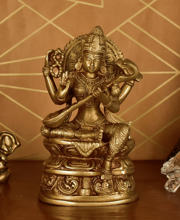 White Whale Maa Saraswati Brass Statue Religious Goddess Sculpture Idol