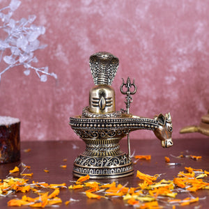 White Whale Superfine Gold Brass Lord Shiva Lingam With Nandi Sculpture Shivling Statue.