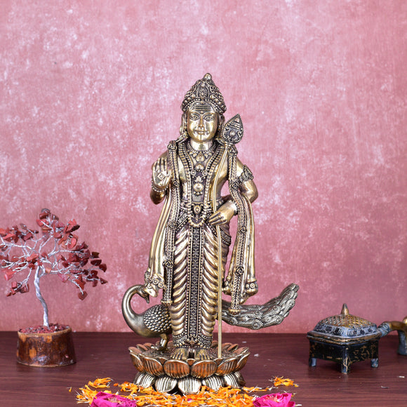 White Whale Superfine Brass Lord Kartik Standing Idol with Peacock The Vehicle of Kartikeya