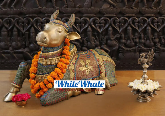 White Whale Brass Aishvara Nandikeshaya (Majestic Nandi Bull) - Guardian of Mount Kailasa - Jeweled in Semi Precious Stones