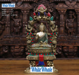 White Whale Brass Nepali Thanka Dhyanam Buddha Embossed in Semi Precious Stones