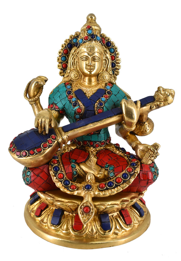 White Whale Maa Saraswati Brass Statue With Multicolor Stone Work Religious Goddess Sculpture Idol Home Décor