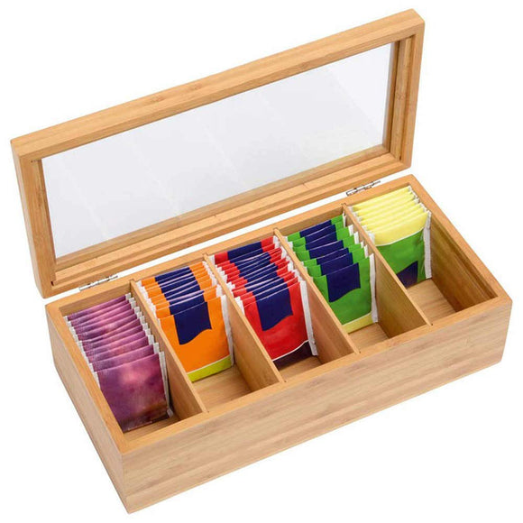 White Whale Eco-Friendly Wooden Tea Box Organizer Storage Box with 5 Compartment Chest Box, 36.5 X 20 X 10 cm