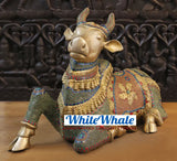 White Whale Brass Aishvara Nandikeshaya (Majestic Nandi Bull) - Guardian of Mount Kailasa - Jeweled in Semi Precious Stones