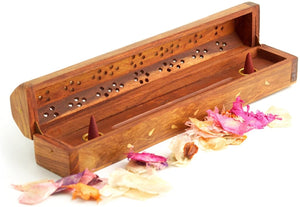 White Whale Agarbati Holder Wooden Hand Carved Incense Burner, Brass Inlays & Storage Incense Holder Stand, Incense Stick Stand Handmade (12x2.5x3 inch)