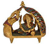 White Whale Lord Ganesha Resting on Royal Shofa Brass Statue Religious Strength God Sculpture Idol