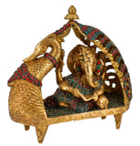 White Whale Lord Ganesha Resting on Royal Shofa Brass Statue Religious Strength God Sculpture Idol