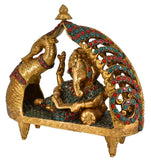 White Whale Lord Ganesha Resting on Royal Shofa Brass Statue Religious Strength God Sculpture Idol