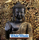White Whale Brass Blessing Buddha Sitting Under a Tree of Life - Opulent Black and Gold Finish