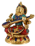 White Whale Maa Saraswati Brass Statue With Multicolor Stone Work Religious Goddess Sculpture Idol Home Décor