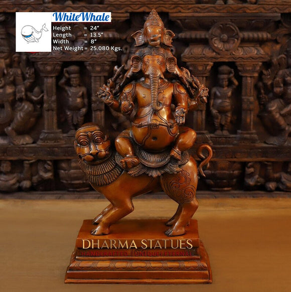 White Whale Brass Pushkala Panchmukhi Vinayaka (Magnificient 5 Face Lord Ganesha) Adorned on a Mighty Lion- Cherry & Copper Blended Finish