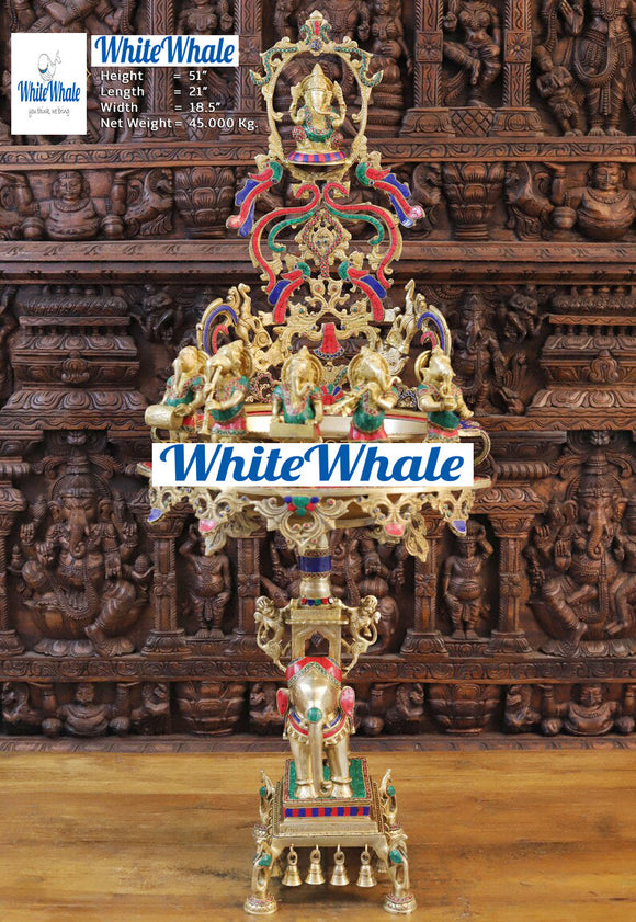 White Whale Brass 5 Ganesha with playing Music Urli Elephant Platform Big Size Beautiful Design Idol-Embedded Semi Precious Stones