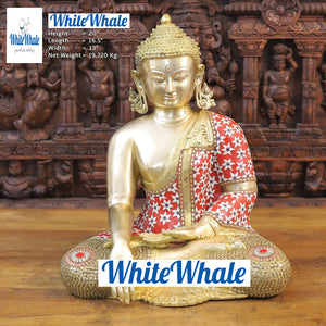 White Whale Brass Calling the Earth Buddha in Ornated robe with semi precious stone