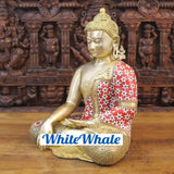 White Whale Brass Calling the Earth Buddha in Ornated robe with semi precious stone