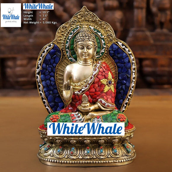 White Whale Brass Throne Buddha in Ornate Robe Embedded With Semi Precious Stone