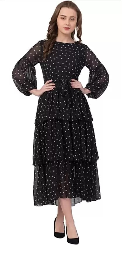 WhiteWhale Dresses for Women Regular Women's Fit & Flare Polka Print Layered Dress.