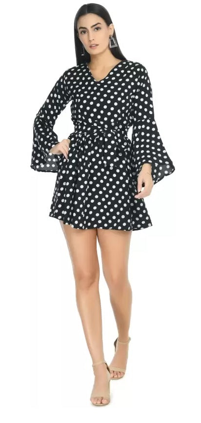 Whitewhale Comfortable V Neck Fit & Flare Polka Dot Print Dress For Women