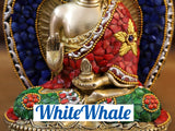 White Whale Brass Throne Buddha in Ornate Robe Embedded With Semi Precious Stone