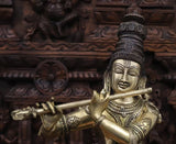 White Whale Brass Krishna Standing with Cow Playing Flute Big Statue - ( Copper and Golden Finish