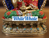 White Whale Brass Throne Buddha in Ornate Robe Embedded With Semi Precious Stone