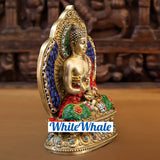 White Whale Brass Throne Buddha in Ornate Robe Embedded With Semi Precious Stone