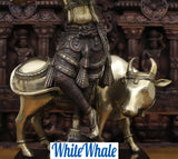 White Whale Brass Krishna Standing with Cow Playing Flute Big Statue - ( Copper and Golden Finish