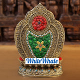 White Whale Brass Throne Buddha in Ornate Robe Embedded With Semi Precious Stone
