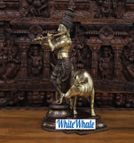White Whale Brass Krishna Standing with Cow Playing Flute Big Statue - ( Copper and Golden Finish