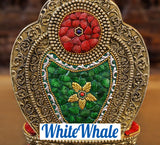 White Whale Brass Throne Buddha in Ornate Robe Embedded With Semi Precious Stone