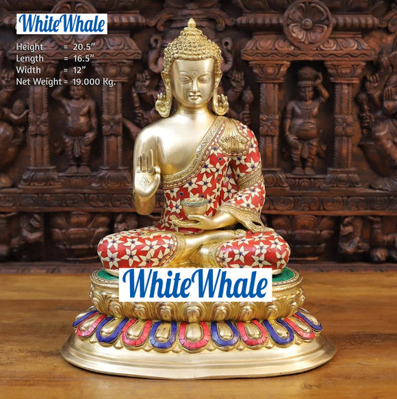 White Whale Brass Buddha sitting on a Lotus Platform - Semi Precious Stone Work