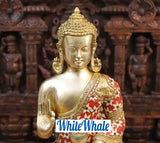 White Whale Brass Buddha sitting on a Lotus Platform - Semi Precious Stone Work
