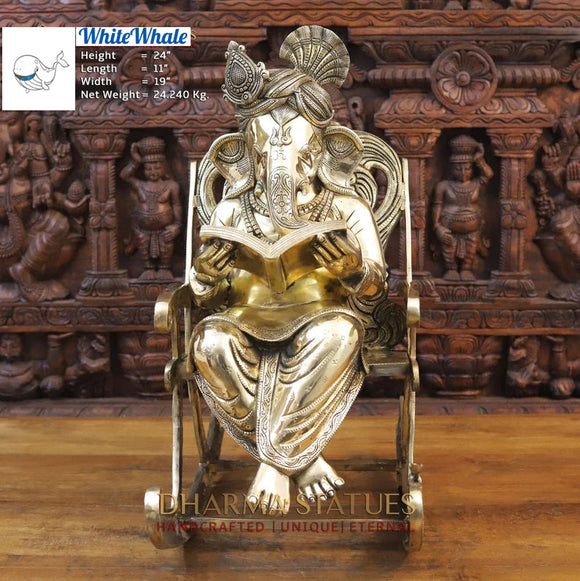 White Whale Brass Big Ganesha sitting on a Chair - Reading a Book (Golden Finish)