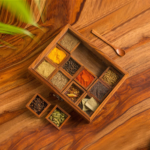 White Whale Spice Box With 12 Containers & Spoon In Sheesham Wood