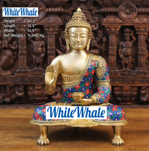 White Whale Brass Blessing Buddha on a Lion Paw Pedestal in Blue And Red Tone Semi-Stone Work
