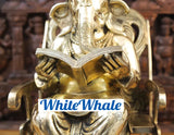 White Whale Brass Big Ganesha sitting on a Chair - Reading a Book (Golden Finish)