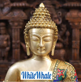 White Whale Brass Blessing Buddha on a Lion Paw Pedestal in Blue And Red Tone Semi-Stone Work