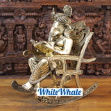 White Whale Brass Big Ganesha sitting on a Chair - Reading a Book (Golden Finish)