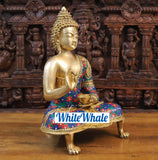 White Whale Brass Blessing Buddha on a Lion Paw Pedestal in Blue And Red Tone Semi-Stone Work