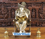 White Whale Brass Big Ganesha sitting on a Chair - Reading a Book (Golden Finish)