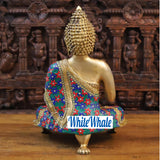 White Whale Brass Blessing Buddha on a Lion Paw Pedestal in Blue And Red Tone Semi-Stone Work