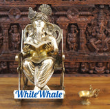 White Whale Brass Big Ganesha sitting on a Chair - Reading a Book (Golden Finish)