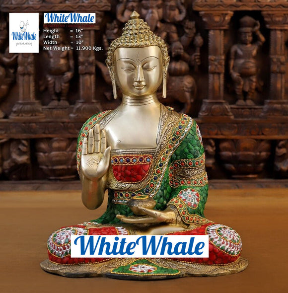 White Whale Brass Blessing Buddha sitting on a Earth - Jeweled in Semi-Precious Stone Work