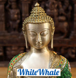 White Whale Brass Blessing Buddha sitting on a Earth - Jeweled in Semi-Precious Stone Work