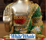 White Whale Brass Blessing Buddha sitting on a Earth - Jeweled in Semi-Precious Stone Work