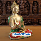 White Whale Brass Blessing Buddha sitting on a Earth - Jeweled in Semi-Precious Stone Work