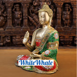 White Whale Brass Blessing Buddha sitting on a Earth - Jeweled in Semi-Precious Stone Work