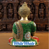 White Whale Brass Blessing Buddha sitting on a Earth - Jeweled in Semi-Precious Stone Work
