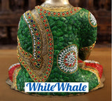 White Whale Brass Blessing Buddha sitting on a Earth - Jeweled in Semi-Precious Stone Work