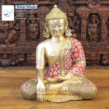 White Whale Brass Calling the Earth Buddha in Ornated robe with semi precious stone